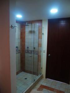 科苏梅尔Beachfront Apartment Your Home in Cozumel的带淋浴的浴室和玻璃门