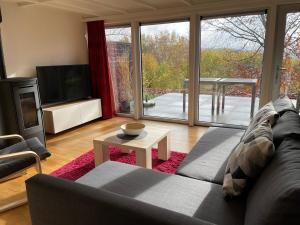 马尔梅迪Terrasses de Malmedy Chalet l'undeuxtrois的带沙发、电视和桌子的客厅