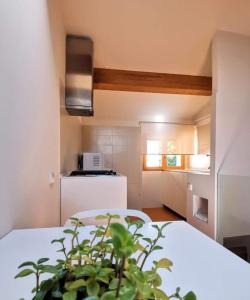 加塔Apartamento Zocailla的一间带白色床的卧室和一间厨房