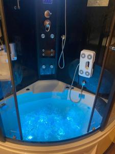 哈普萨卢Niine apartment 11的客房内的蓝色浴缸和淋浴