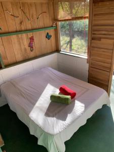 Puerto SoleyCabañas Casa Soley的一张小床,上面有红色和绿色的枕头