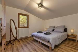 夏蒙尼-勃朗峰Chalet Le Grepon - Happy Rentals的一间卧室配有一张大床和镜子
