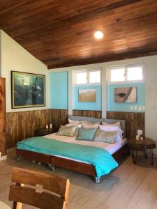 玉米岛Turtles Nest Bunkhouse at Lodge at Long Bay的一间卧室配有一张蓝色墙壁和窗户的床