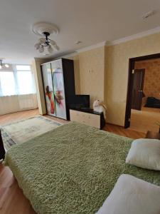 敖德萨Уютная квартира с панорамой города的一间大卧室,配有一张大床和一台电视