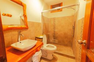 奥塔瓦洛Los Ponchos Inn Apartotel的一间带水槽、卫生间和淋浴的浴室