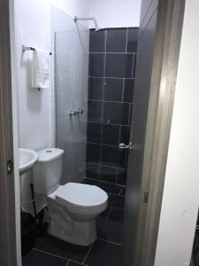 麦德林Aparta estudio amoblado 3 Medellin, San joaquin的浴室配有卫生间、盥洗盆和淋浴。