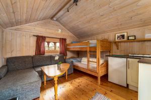 伯First Camp Bø - Telemark的带沙发和双层床的客厅