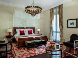 阿斯旺老卡塔拉特索菲特尔传奇酒店的一间卧室配有一张大床和一个吊灯。