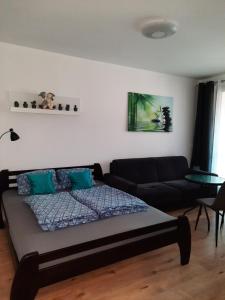 布拉迪斯拉发Apartment Klimka with balcony, free wifi and free parking的客厅配有床和沙发