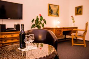 德累斯顿Apartmenthaus Stadt Metz的一张桌子上放着一瓶葡萄酒,放上两杯