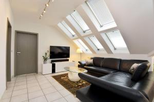 鲁多尔施塔特Studioappartment SAALEBLICK的客厅配有黑色真皮沙发和天窗。
