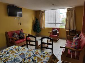 库斯科Adela's Aparment in Cusco的客厅配有床和椅子以及电视