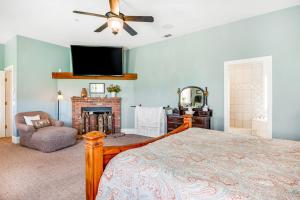 皮斯莫比奇Farmhouse Family Getaway的一间卧室配有一张床、一台电视和一个壁炉