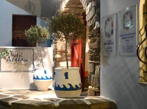 帕罗奇亚爱琴海村酒店的两只蓝白花瓶,里面有树