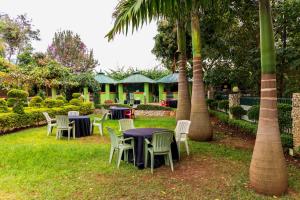内罗毕Olive Green Garden Resort的棕榈树庭院里的一组桌椅