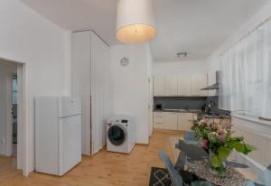 奥洛穆茨Apartmán s terasou的一间厨房,在房间内配有洗衣机和烘干机