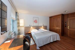 圣加仑爱因斯坦圣加仑酒店的酒店客房配有一张床、一张书桌和一张书桌。