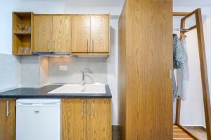 波托什Studios Nautilus III的一个带木制橱柜和水槽的厨房