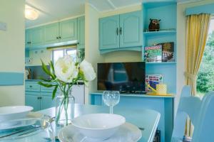Napton on the HillWind In The Willows: Sleeps 4, Kitchen, bathroom, lounge, WIFI的厨房配有蓝色橱柜和一张桌子上的花瓶