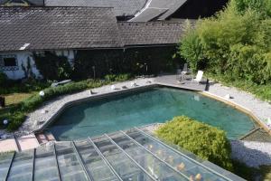 阿尼夫Haus mit Sauna und privatem Badeteich in Anif bei Salzburg的后院游泳池的顶部景色