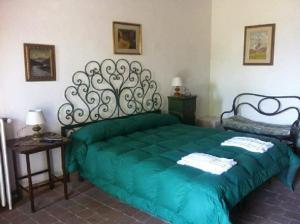 扎费拉纳-埃特内阿la Rocca delle Rose的一间卧室配有一张绿色的床和一张桌子