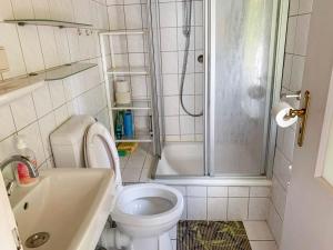 StahlbrodeFerienbungalow 182的浴室配有卫生间、淋浴和盥洗盆。