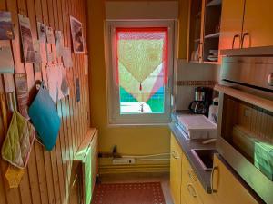StahlbrodeFerienbungalow 182的一个带窗户和柜台的小厨房