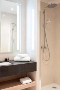 阿尔泽特河畔埃施Residhome Luxembourg Esch-Belval的浴室配有盥洗盆和带镜子的淋浴