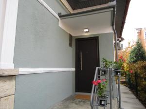 克卢日-纳波卡Homey Luxury- entire house, free parking, yard的一座房子,有黑色的门和一些花