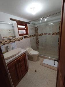 莱瓦镇Apartahotel saquenzipá的带淋浴、卫生间和盥洗盆的浴室