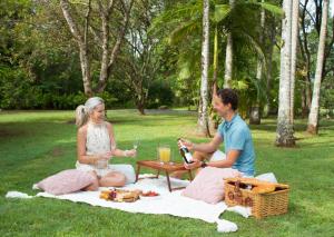 Woombye阳光谷小屋酒店的坐在野餐毯上的男人和女人