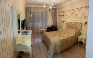 Gokcedere埃利特温泉酒店 的一间卧室配有一张床、一张书桌和一台电视