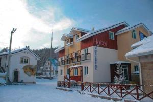 阿布扎科沃Edelweiss Hotel的雪地中的酒店,有雪覆盖的建筑