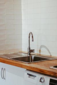 苏维里Agotzenea - Alojamiento con encanto en un entorno rural的厨房里设有不锈钢水槽,铺有白色瓷砖