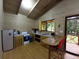 乌维塔Cabinas Costa Tropicana的小木屋内的厨房,铺有木地板