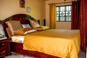 基苏木Jaja's One Bedroom near Ciala Resort Kisumu的一间卧室配有带金色枕头的床和窗户