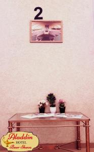 贝尔谢巴阿拉丁贝尔谢巴酒店的上面有两株盆栽植物的桌子