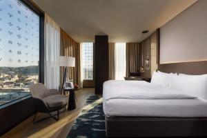 卢布尔雅那卢布尔雅那洲际酒店的酒店的客房 - 带一张床、椅子和窗户