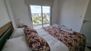 内乌肯Comfort Patagonia Inn的一间卧室设有一张大床和大窗户