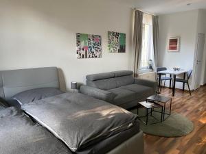 亚琛Zentrale Ferienwohnung mit Balkon in Aachen的客厅配有床和沙发