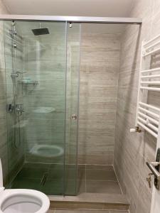 姆茨赫塔Hotel 12 Tve的浴室设有玻璃淋浴间和卫生间