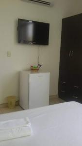 约帕尔Hotel Canacabare Plaza的一间设有冰箱和墙上电视的客房