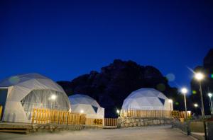 瓦迪穆萨The Rock Camp Petra的一群夜晚有灯光的圆顶