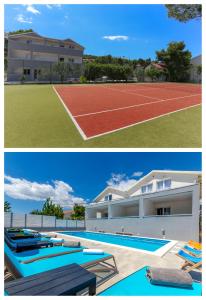 特罗吉尔Apartments and Rooms Villa Niko的网球场和带网球场的房屋