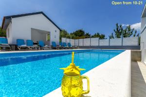 特罗吉尔Apartments and Rooms Villa Niko的游泳池旁的黄色花瓶