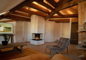 伯尔尼Moderne Altbauwohnung mit Pool und Sauna的客厅设有壁炉和椅子