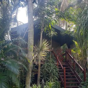 圣卢西亚Luxury Tented Village @ Urban Glamping的棕榈树和木楼梯的度假村