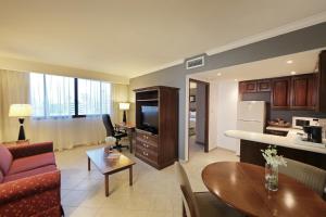 巴拿马城巴拿马皇冠假日酒店的带沙发和桌子的客厅以及厨房。