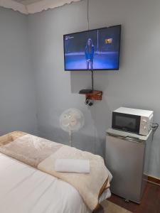彼得马里茨堡Luvuyos Guest House Pmb的卧室配有一张床,墙上配有电视。