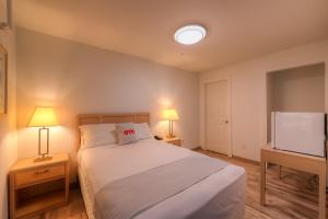 新港Newport Inn By OYO - Hwy 101的一间卧室配有一张床、两盏灯和一台电视。